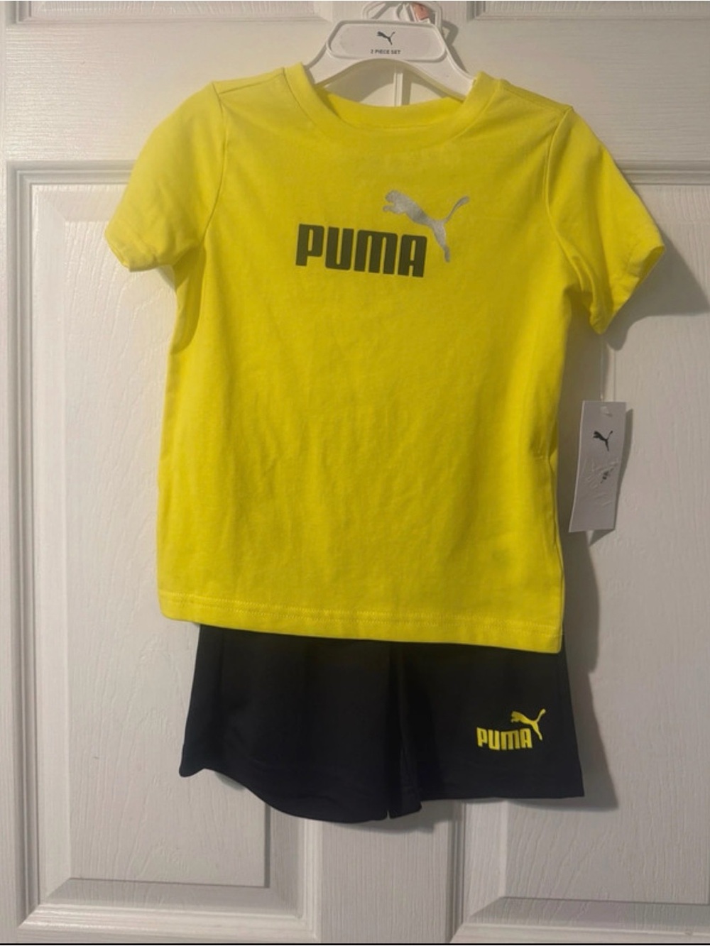 Puma Bright Yellow Tee and Black Logo Shorts Set